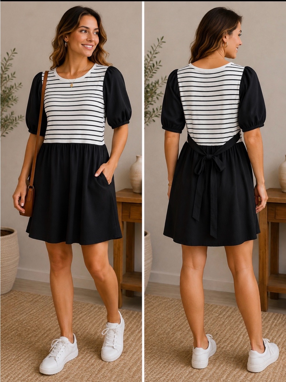 AIBLEE Women’s Dress M Black White Stripe Puff Sleeve Tie Back NWT